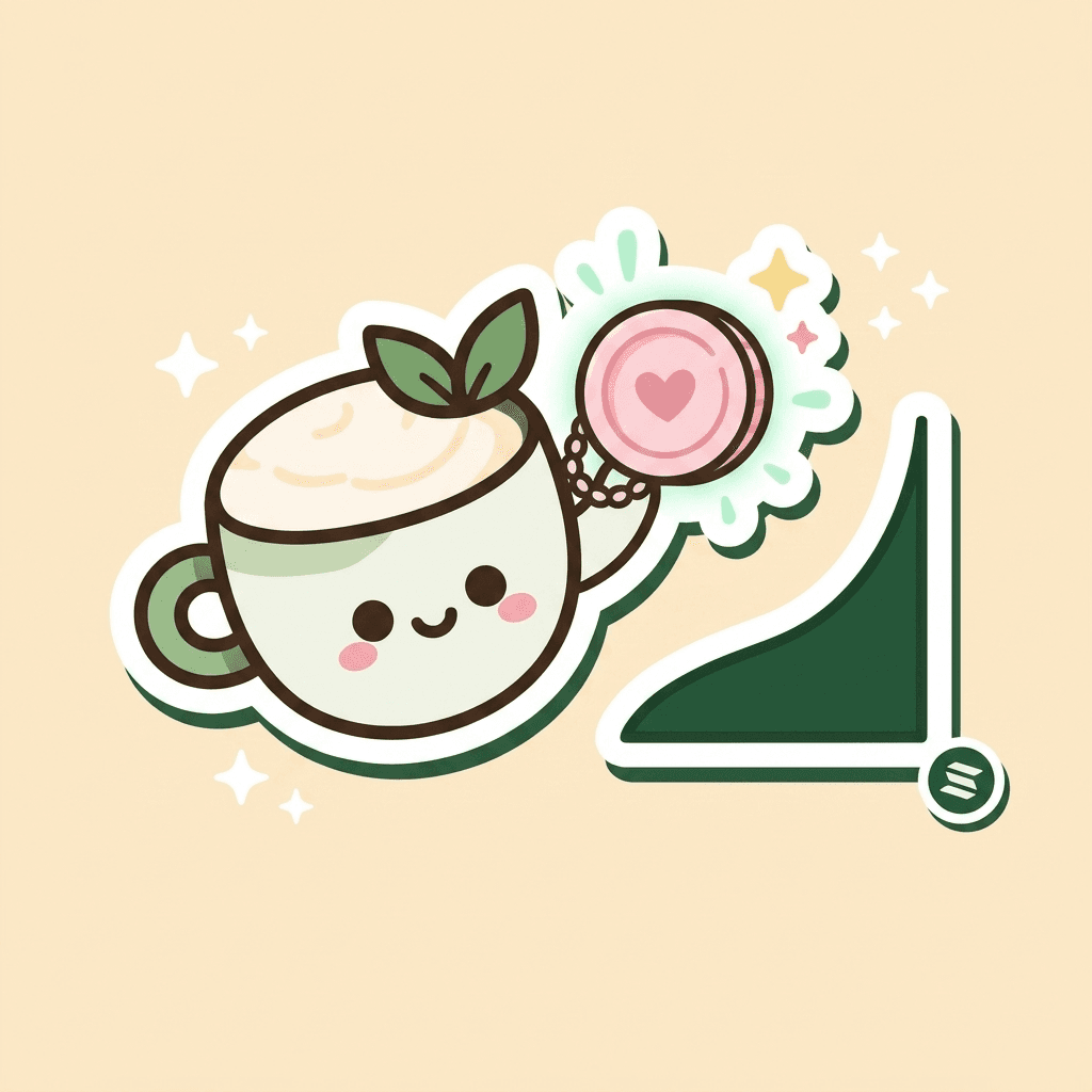 kawaii sticker scene of the kali matcha mascot holding up a heart-marked cause-coin token with a bonding curve graph