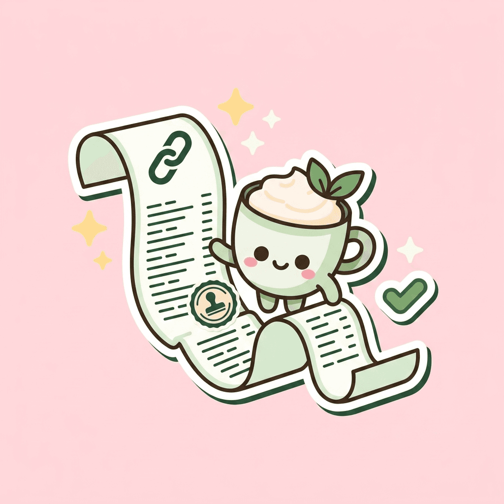 kawaii sticker scene of the kali matcha mascot holding a long ribbon receipt with a chain-link onchain provenance icon