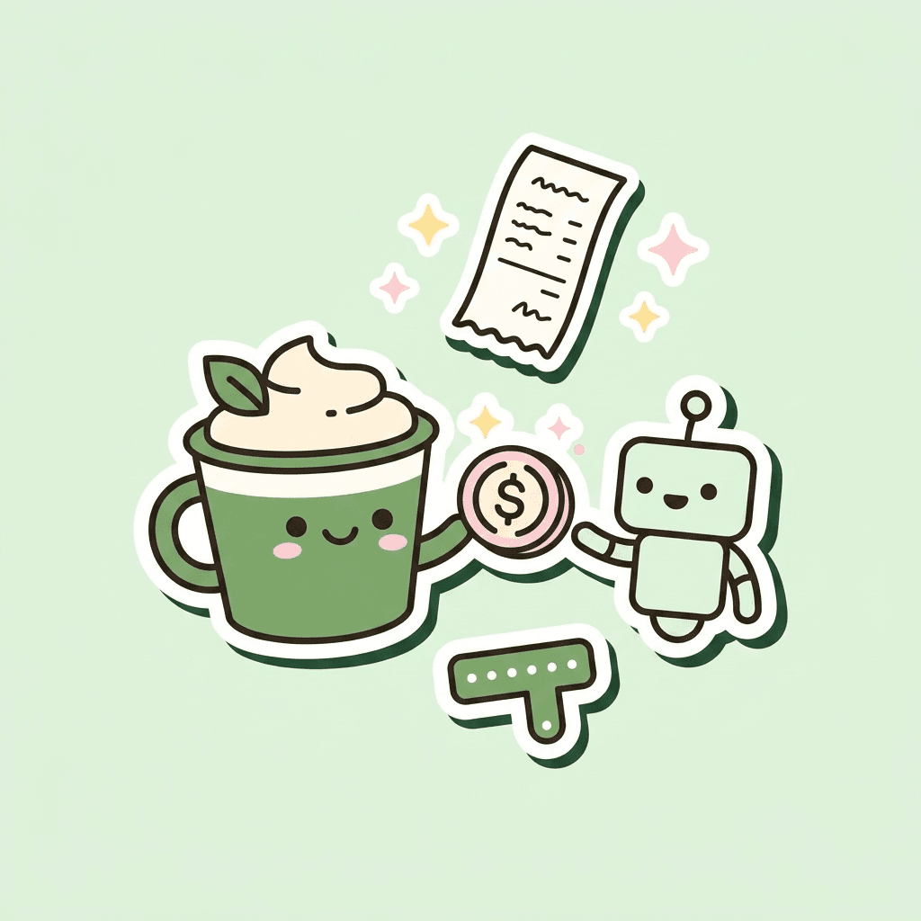 kawaii sticker scene of the kali matcha mascot handing a USDC coin sticker to a tiny robot agent