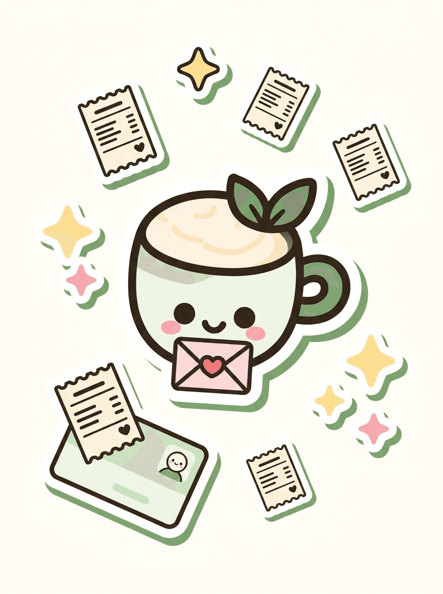 kawaii sticker scene of a matcha mascot reactivating donor outreach