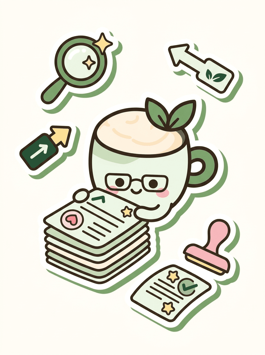 kawaii sticker scene of a matcha mascot reading grant documents