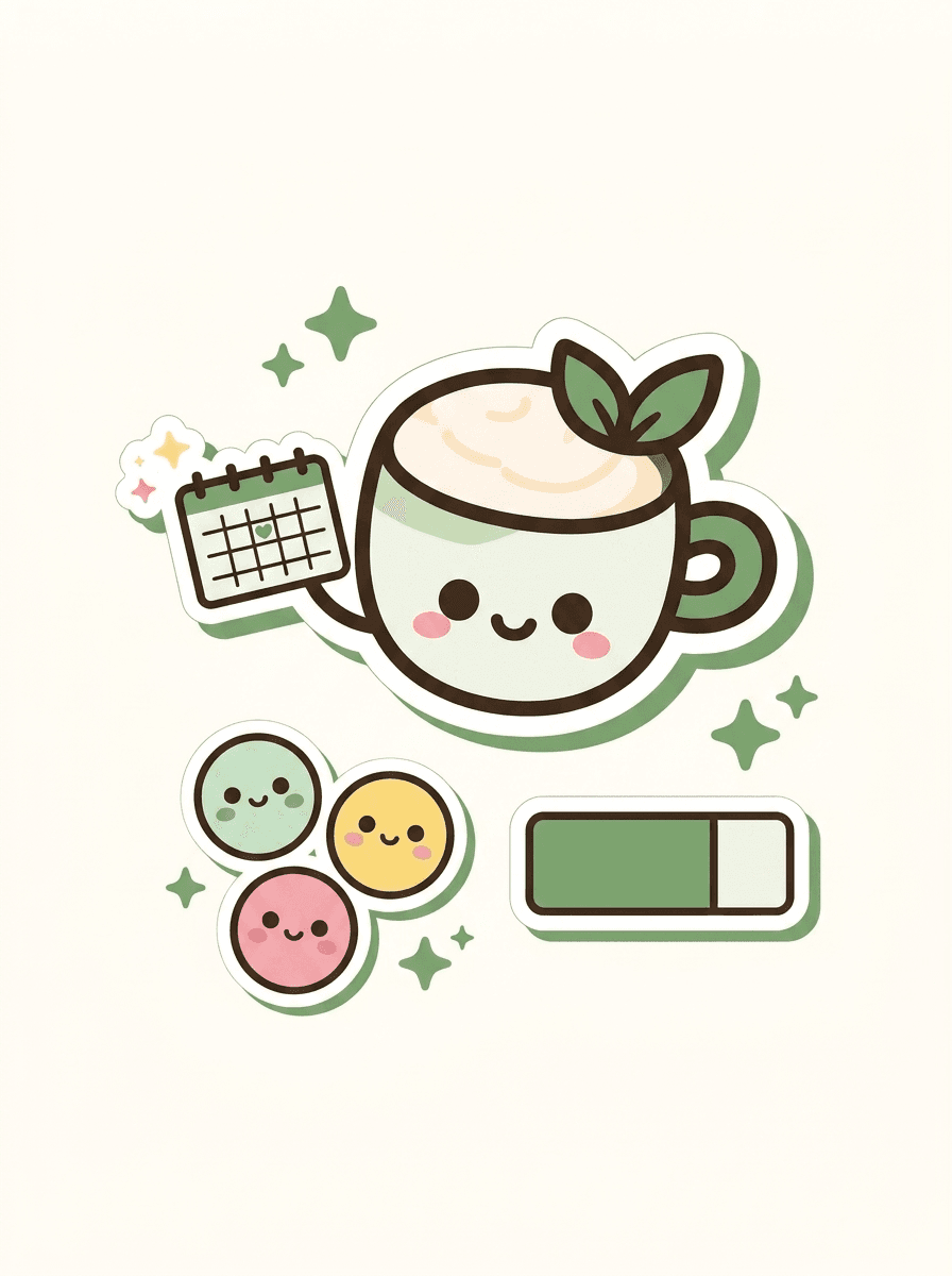 kawaii sticker scene of a matcha mascot waving a calendar of volunteer days